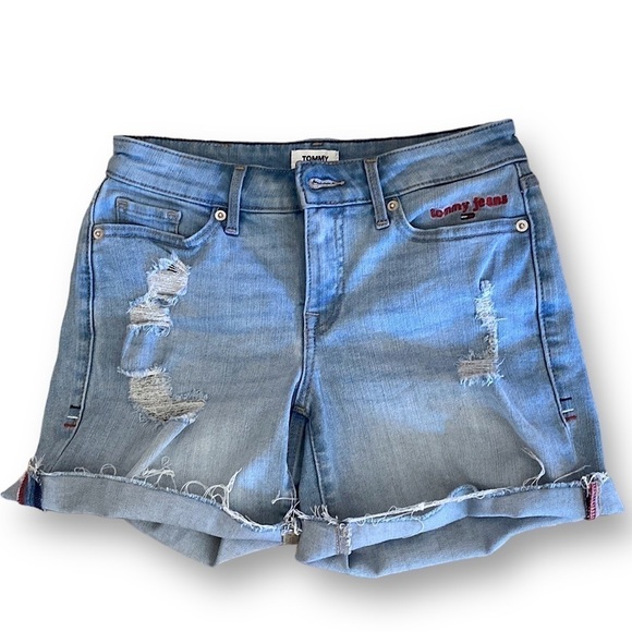 Tommy Jeans Cutoff Denim Shorts Destructed Size 2 Blue/Red Lettering  L… - Picture 2 of 8